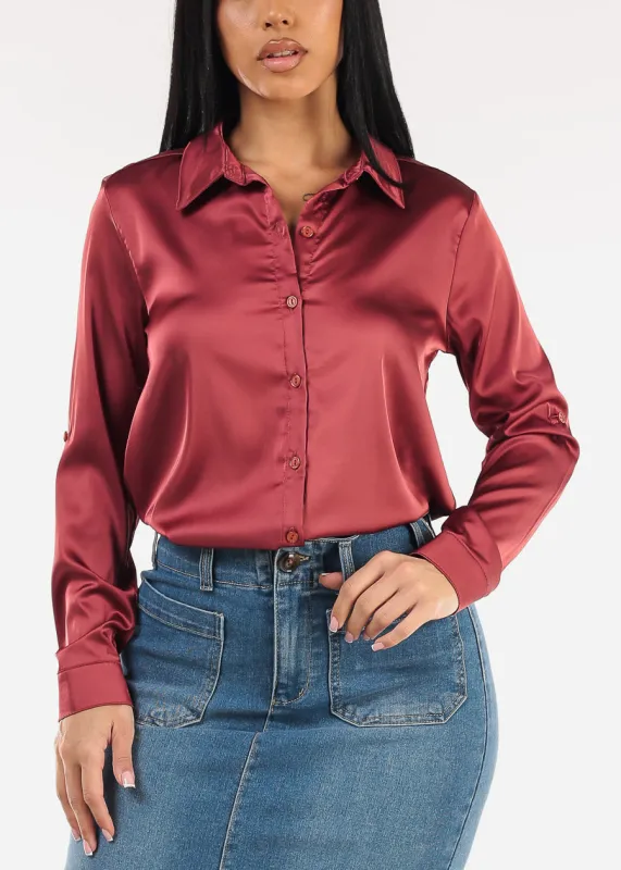 Long Sleeve Button Down Stretch Satin Blouse Brick sold by Moda