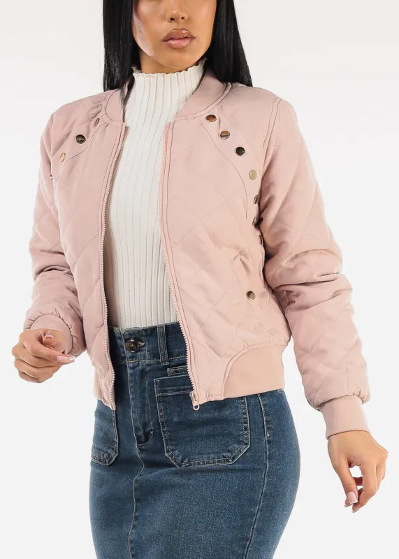 Long Sleeve Zip Up Quilted Jacket Dusty Pink sold by Moda