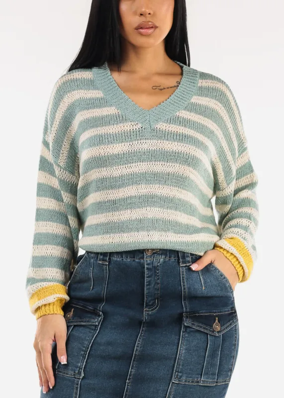 Long Sleeve Vneck Stripe Sweater Mint & Yellow sold by Moda
