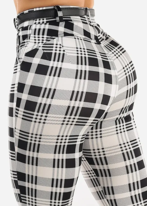 Butt Lift Stretchy Plaid Skinny Ankle Pants White & Black sold by Moda