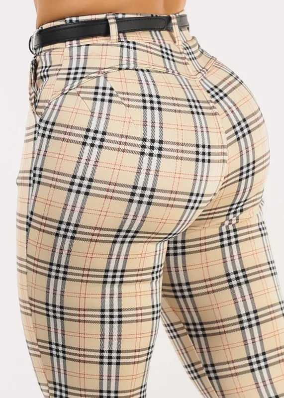 Butt Lift Stretchy Plaid Skinny Ankle Pants Cream sold by Moda