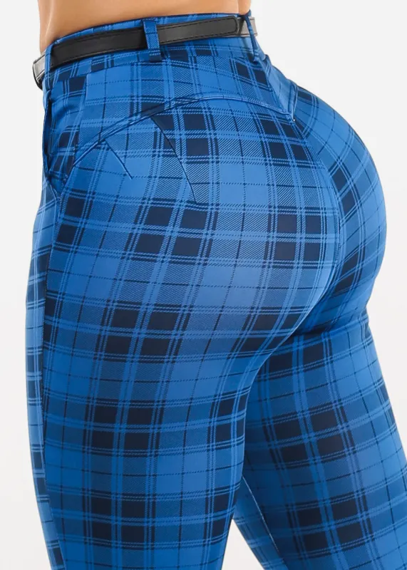 Butt Lift Stretchy Plaid Skinny Ankle Pants Blue sold by Moda