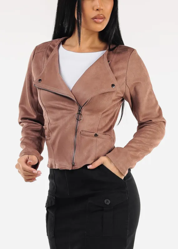 Long Sleeve Zip Up Suede Moto Jacket Dark Mauve sold by Moda