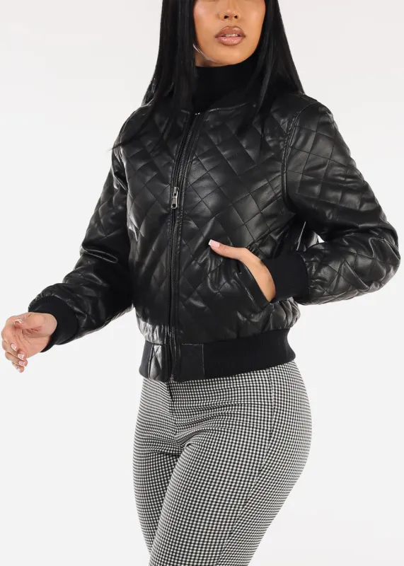 Quilted Vegan Leather Zip Up Jacket Black sold by Moda