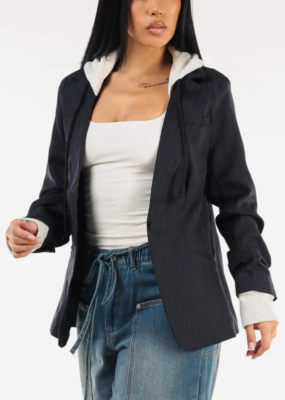 Long Sleeve Stripe Hooded Blazer Navy sold by Moda