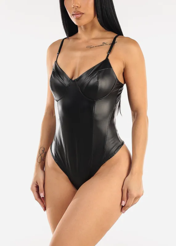 Sleeveless Vegan Leather Black Thong Bodysuit sold by Moda