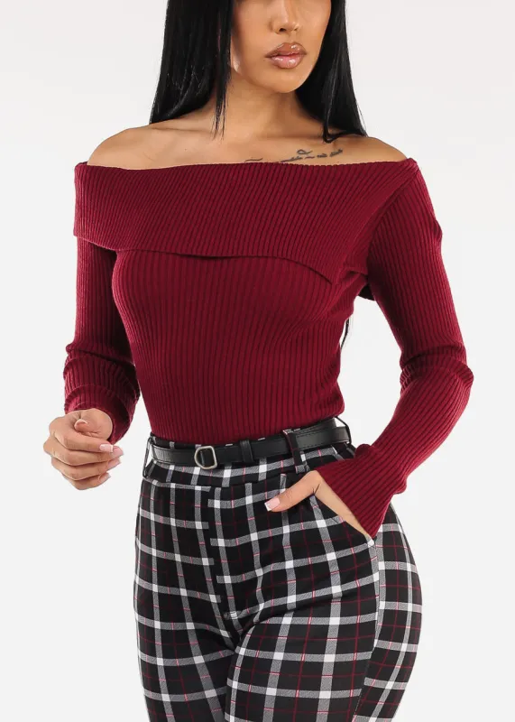 Asymmetrical Neckline Long Sleeve Stretch Sweater Wine sold by Moda