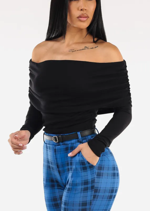 Ruched Off Shoulder Stretch Top Black sold by Moda