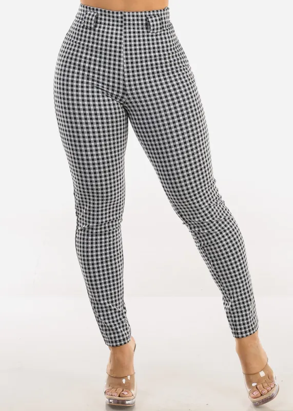 Super High Waist Plaid Stretch Skinny Pants B&W sold by Moda