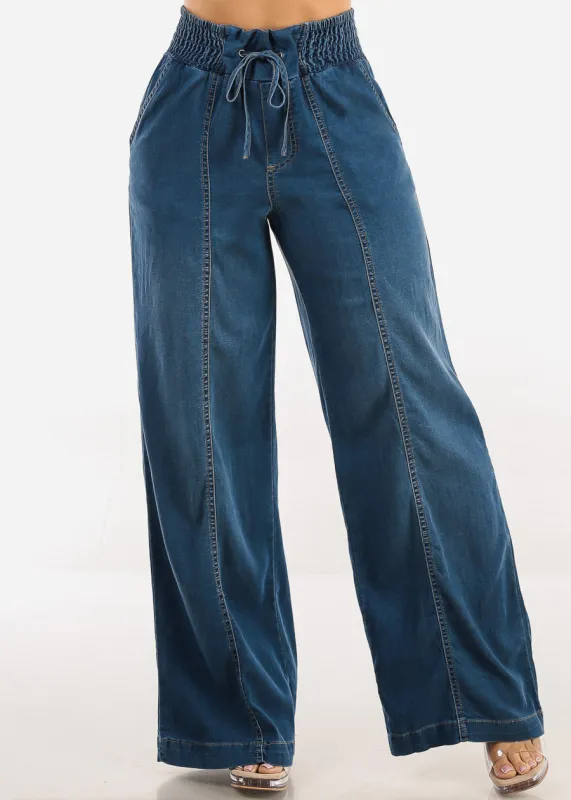 Smocked Spandex Waist Wide Leg Denim Pants Med Wash sold by Moda