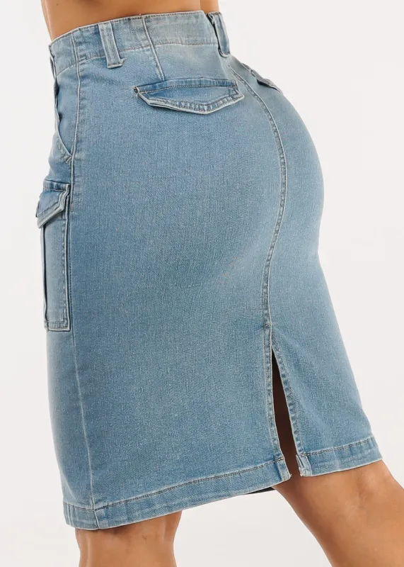 Butt Lift Stretch Cargo Denim Pencil Skirt Light Wash sold by Moda