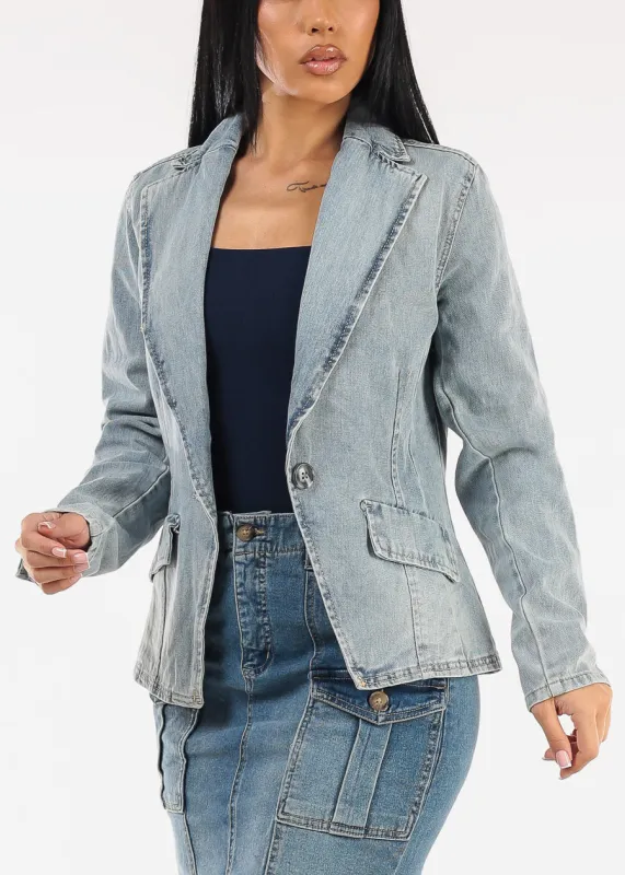 Long Sleeve Light Wash Denim Blazer sold by Moda