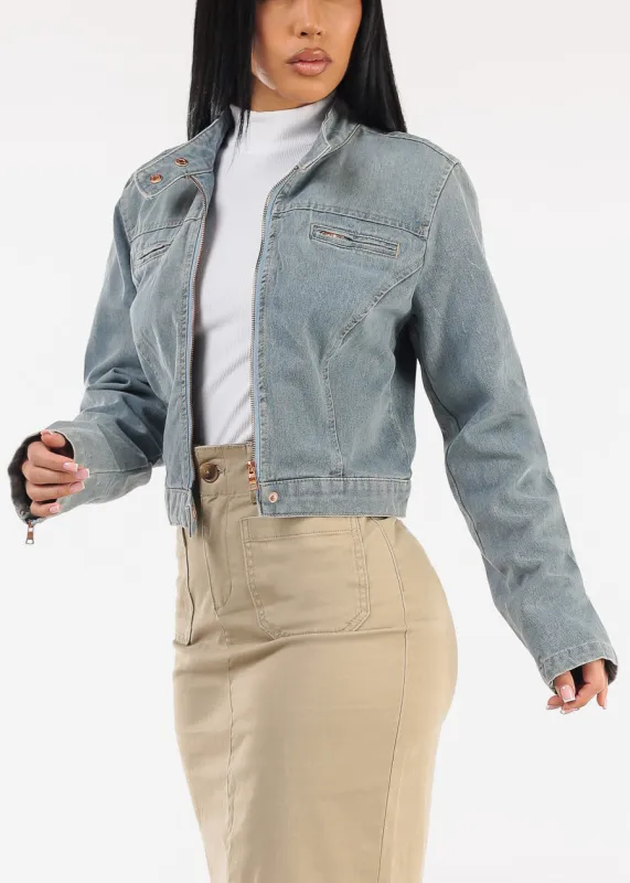 Long Sleeve Zip Up Denim Jacket Bleach Wash sold by Moda