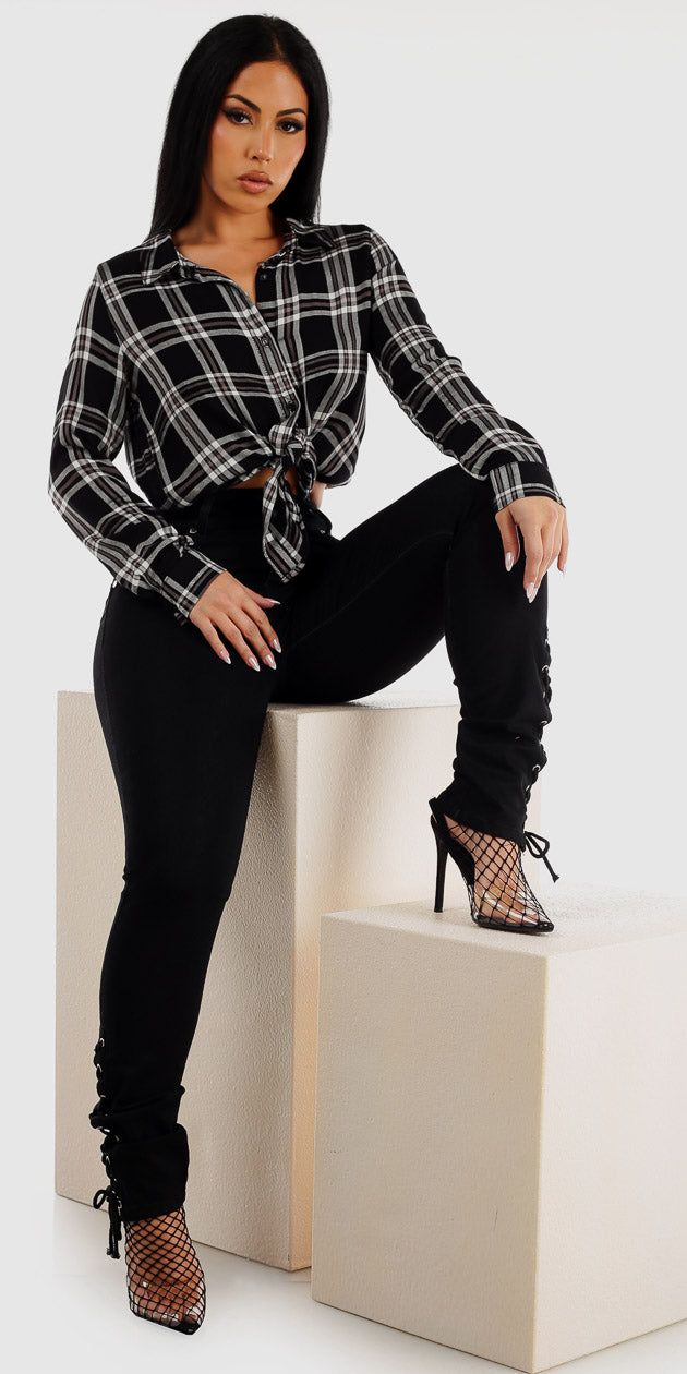 Black Butt Lifting Skinny Jeans with Long Sleeve Black Button Up Plaid Shirt sold by Moda