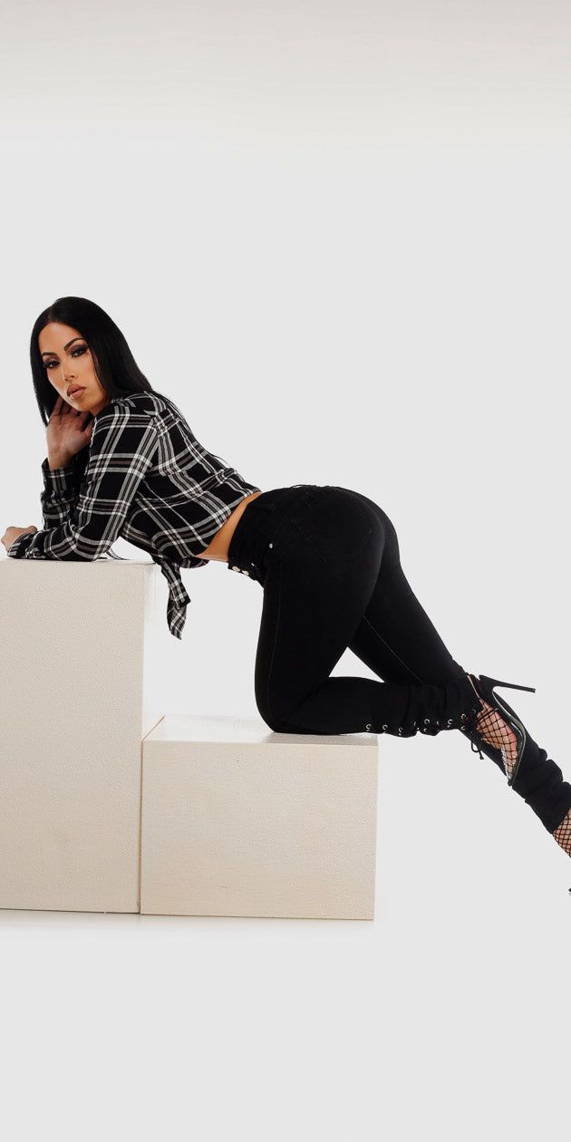 Black Butt Lifting Skinny Jeans with Long Sleeve Black Button Up Plaid Shirt sold by Moda product image thumbnail 2