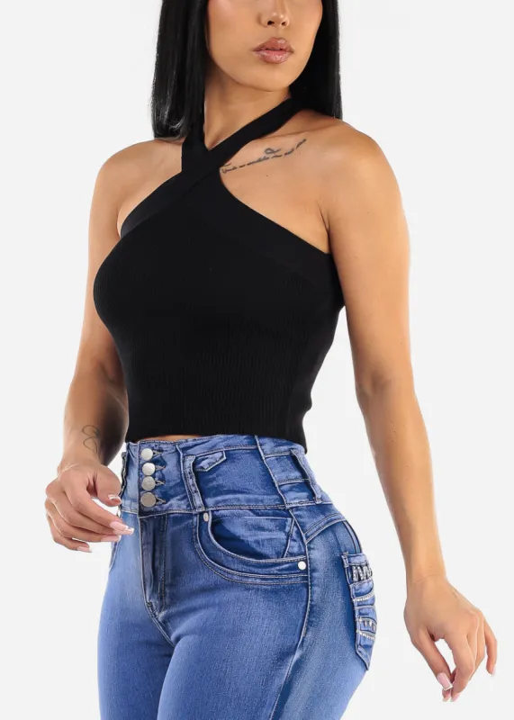 Black Criss Cross Halter Ribbed Crop Top sold by Moda