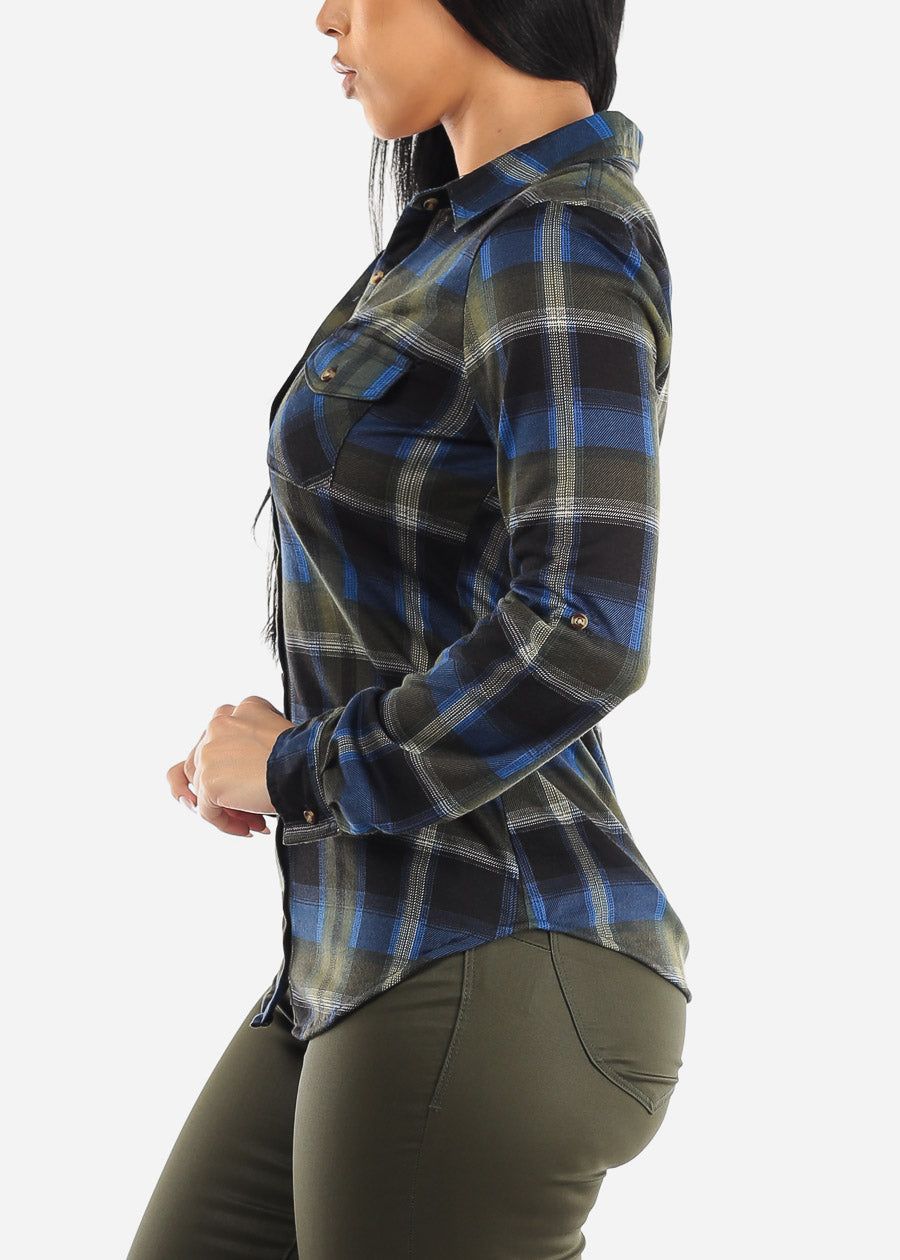 Long Sleeve Button Up Plaid Shirt Olive & Blue sold by Moda product image thumbnail 3
