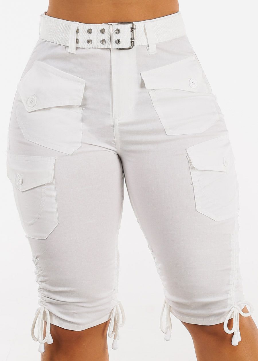 High Waisted White Cargo Bermuda Shorts w Belt sold by Moda