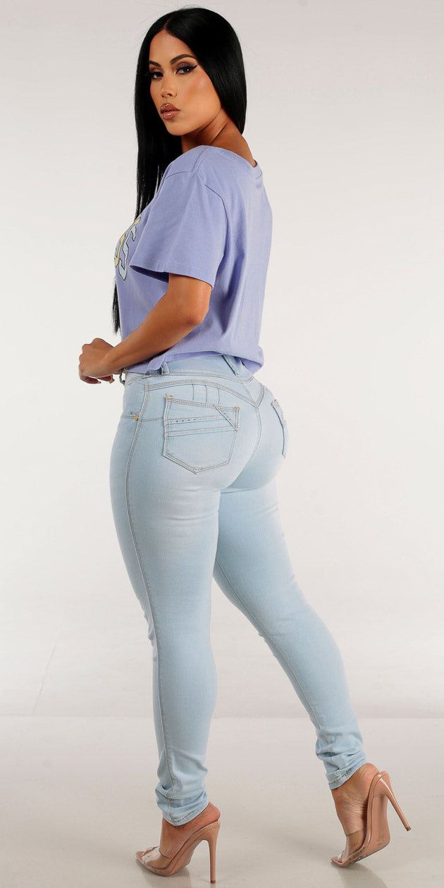 Butt Lifting Light Blue Skinny Jeans with Lilac Short Sleeve Happiness Crop Top sold by Moda product image thumbnail 2