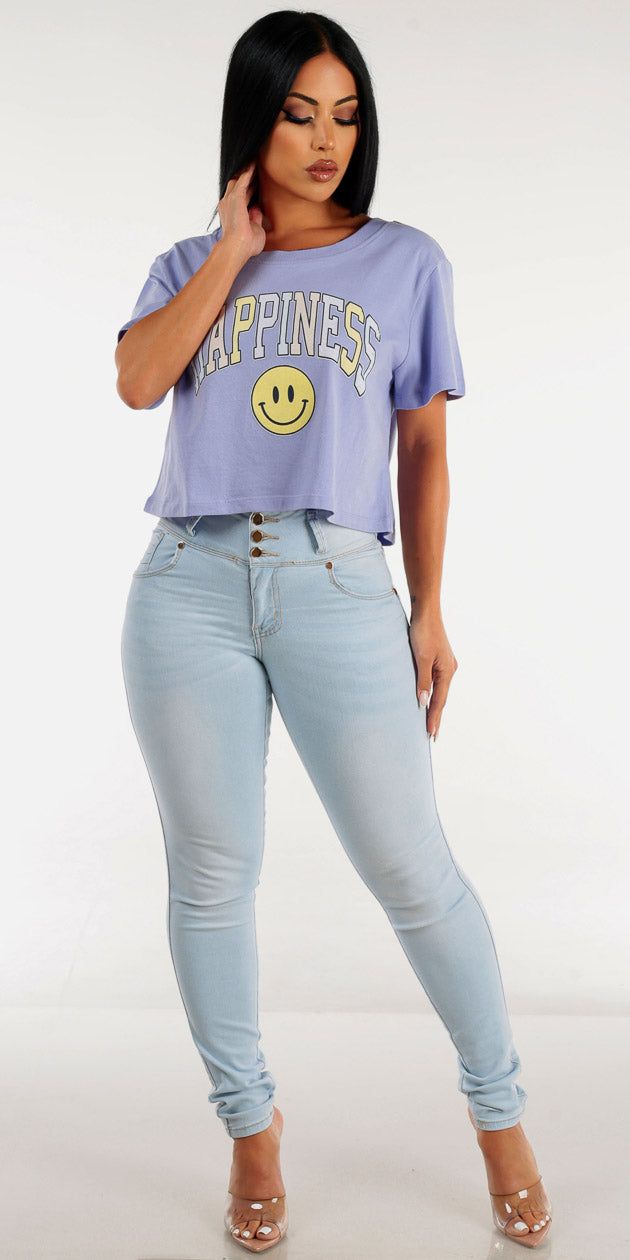 Butt Lifting Light Blue Skinny Jeans with Lilac Short Sleeve Happiness Crop Top sold by Moda