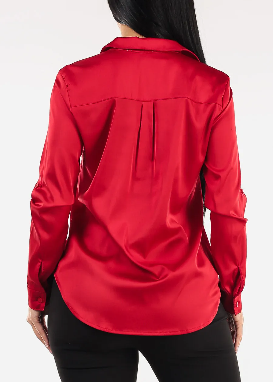 Long Sleeve Button Down Stretch Satin Blouse Red sold by Moda product image thumbnail 4