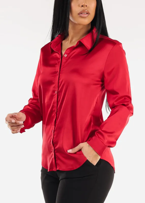 Long Sleeve Button Down Stretch Satin Blouse Red sold by Moda