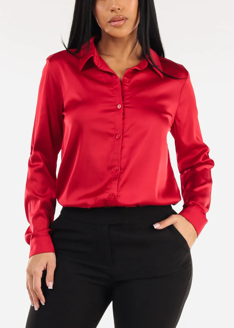 Long Sleeve Button Down Stretch Satin Blouse Red sold by Moda product image thumbnail 5