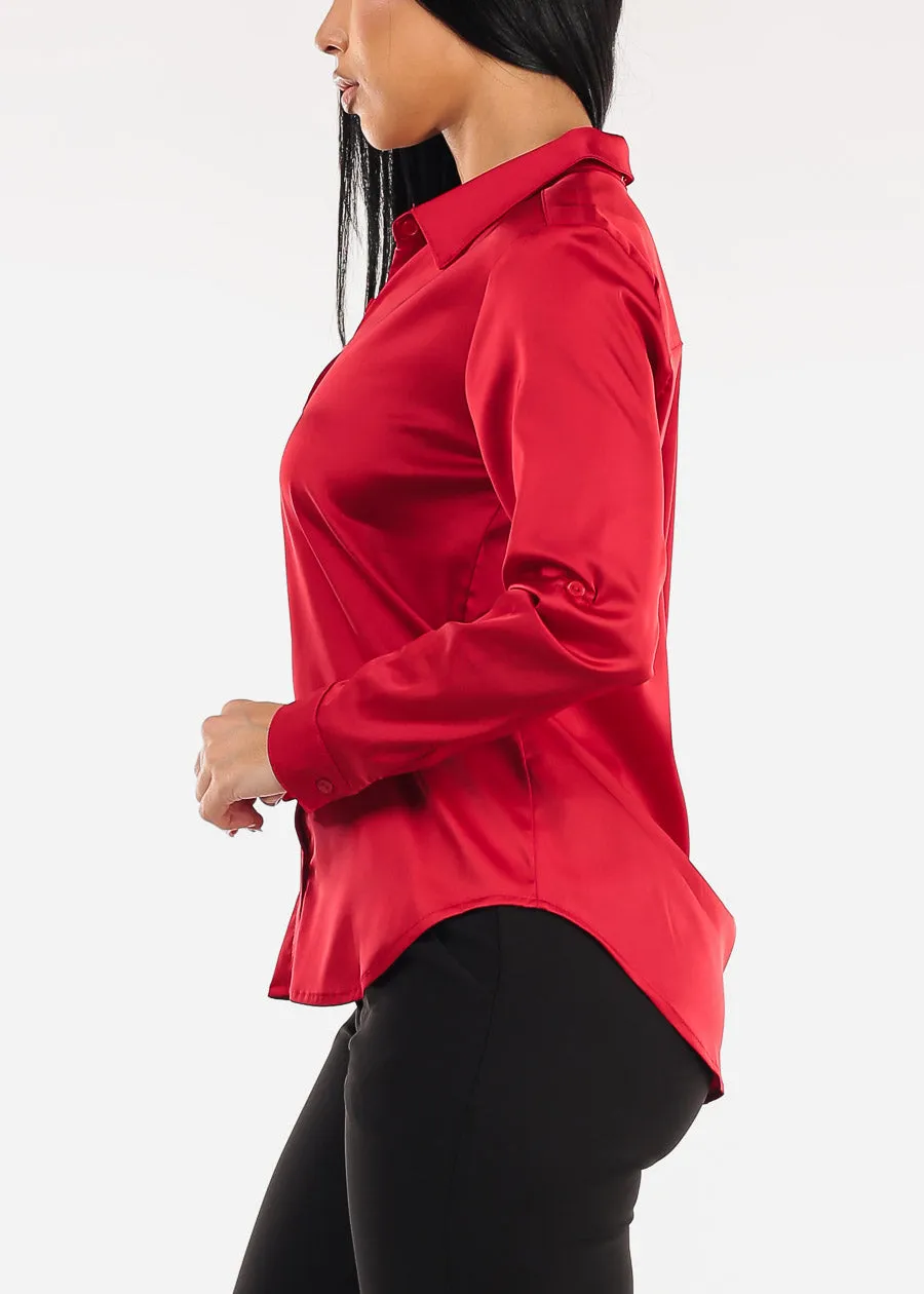 Long Sleeve Button Down Stretch Satin Blouse Red sold by Moda product image thumbnail 3