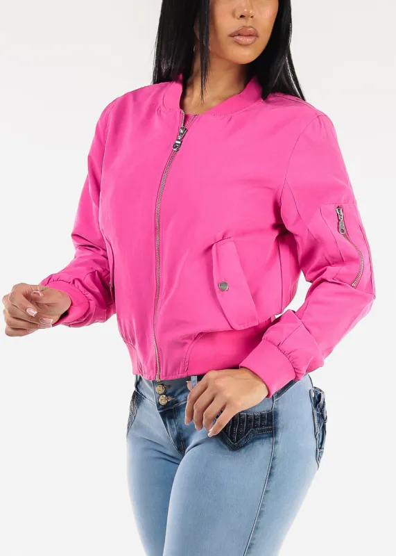 Long Sleeve Zip Up Bomber Jacket Fuchsia sold by Moda