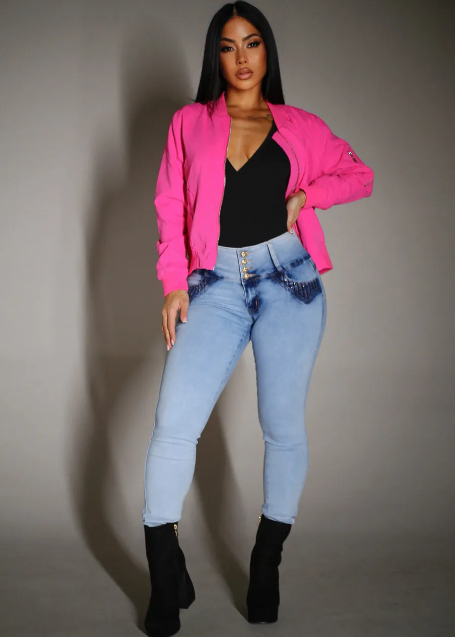 Long Sleeve Zip Up Bomber Jacket Fuchsia sold by Moda product image thumbnail 2
