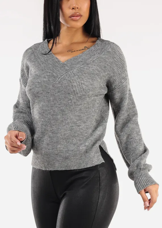 Long Sleeve Vneck Knitted Sweater Heather Grey sold by Moda