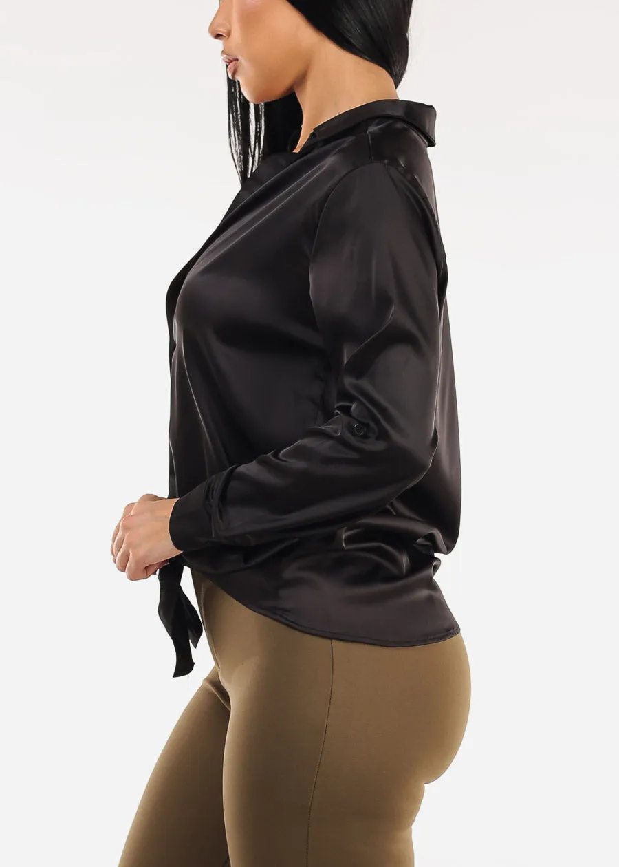 Stretch Satin Deep V-Neck Collared Blouse Black sold by Moda product image thumbnail 3