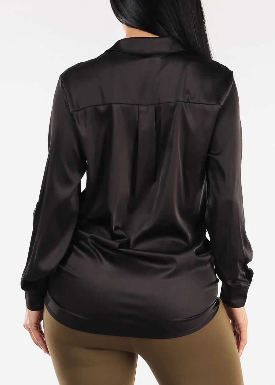Stretch Satin Deep V-Neck Collared Blouse Black sold by Moda product image thumbnail 4