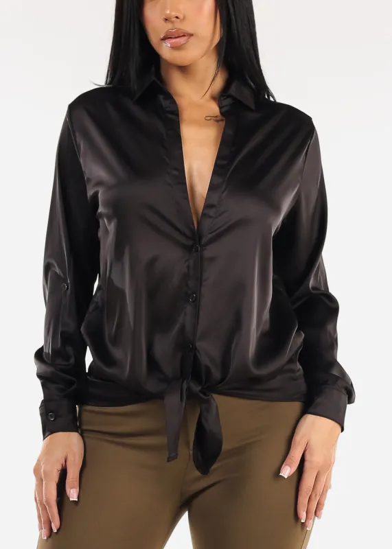 Stretch Satin Deep V-Neck Collared Blouse Black sold by Moda