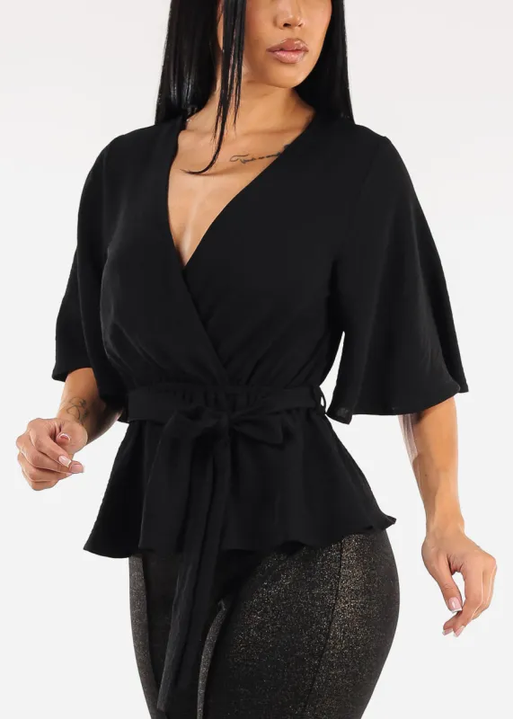 Short Sleeve Surplice Peplum Blouse Black sold by Moda
