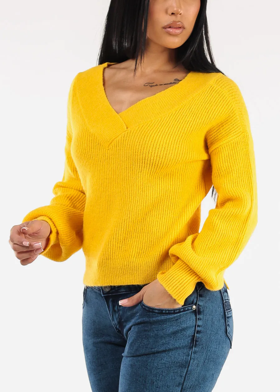 Long Sleeve Vneck Knitted Sweater Yellow sold by Moda