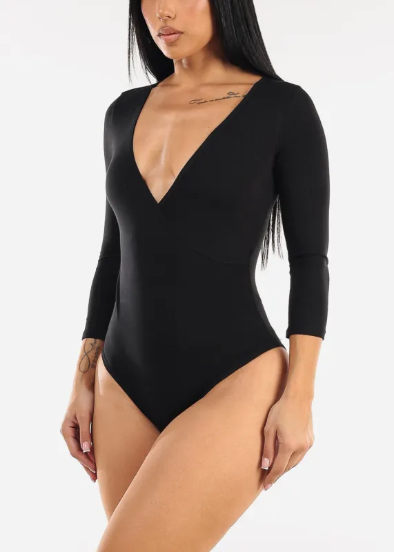 Quarter Sleeve Surplice Cotton Bodysuit Black made by Timing