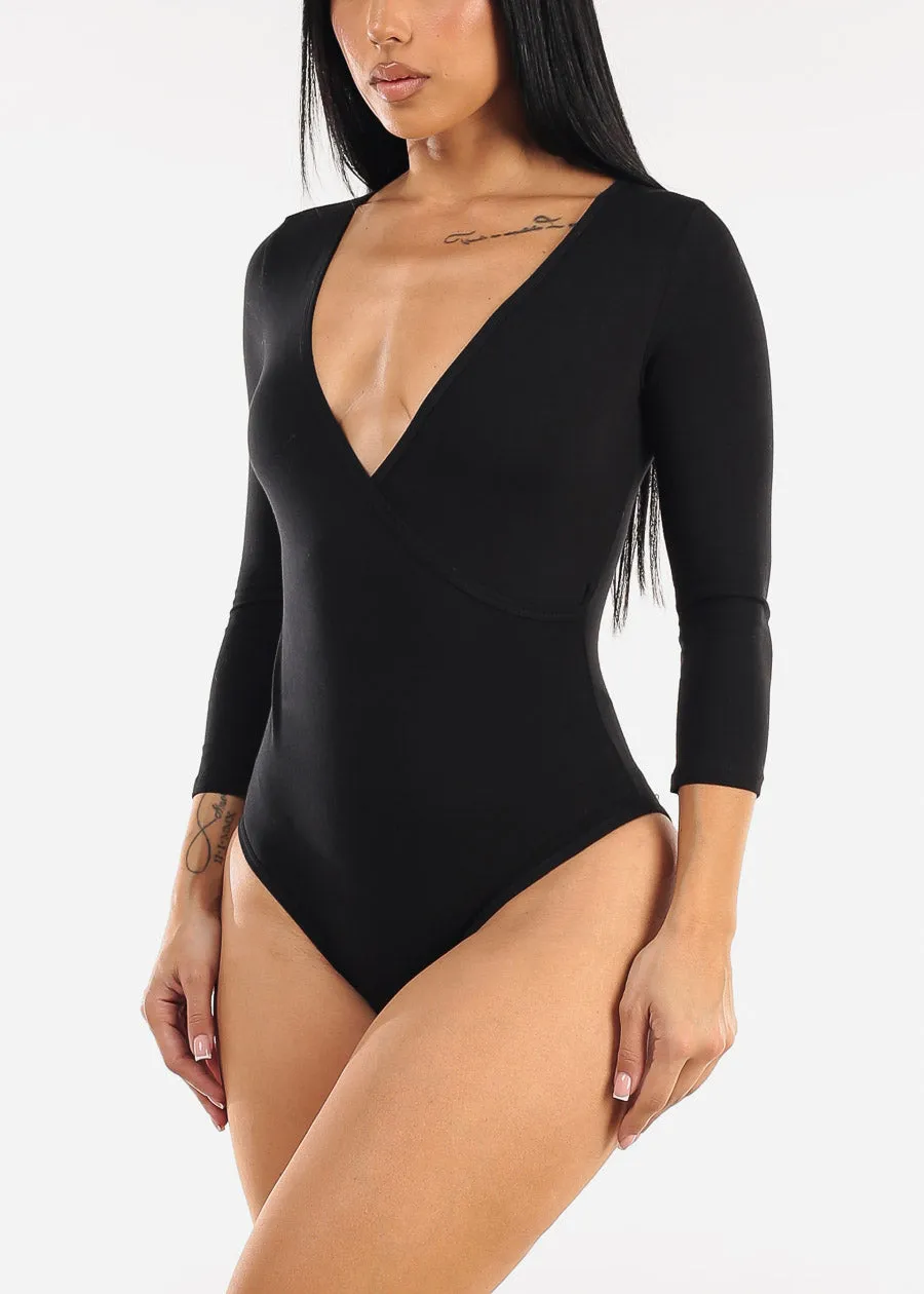 Quarter Sleeve Surplice Cotton Bodysuit Black sold by Moda