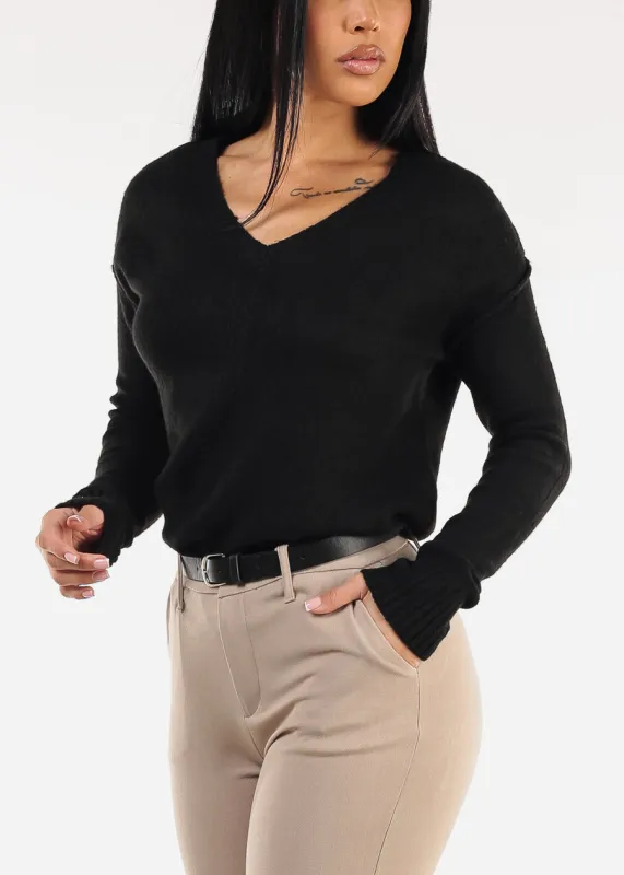 Black Long Sleeve Vneck Knitted Sweater sold by Moda