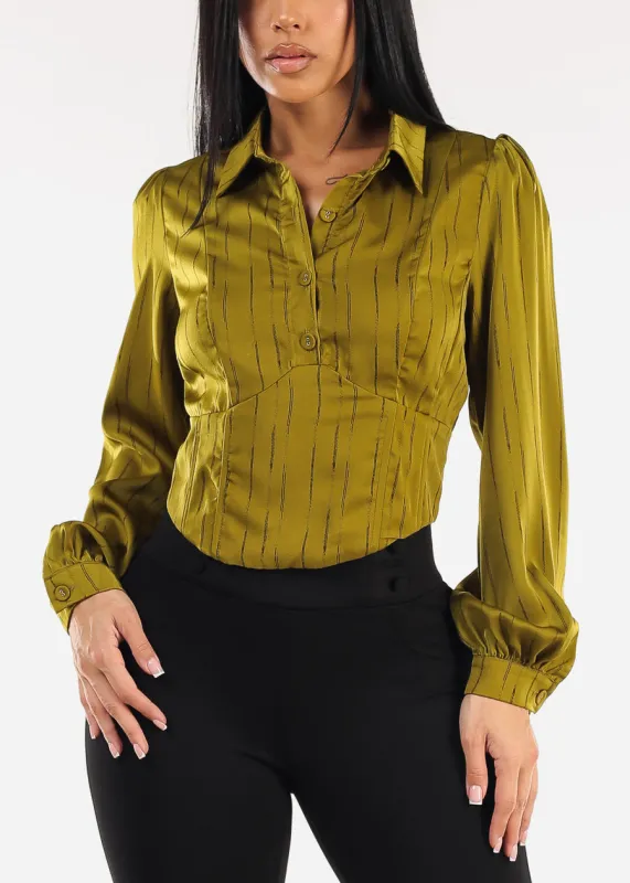 Long Sleeve Printed Corset Style Blouse Olive sold by Moda