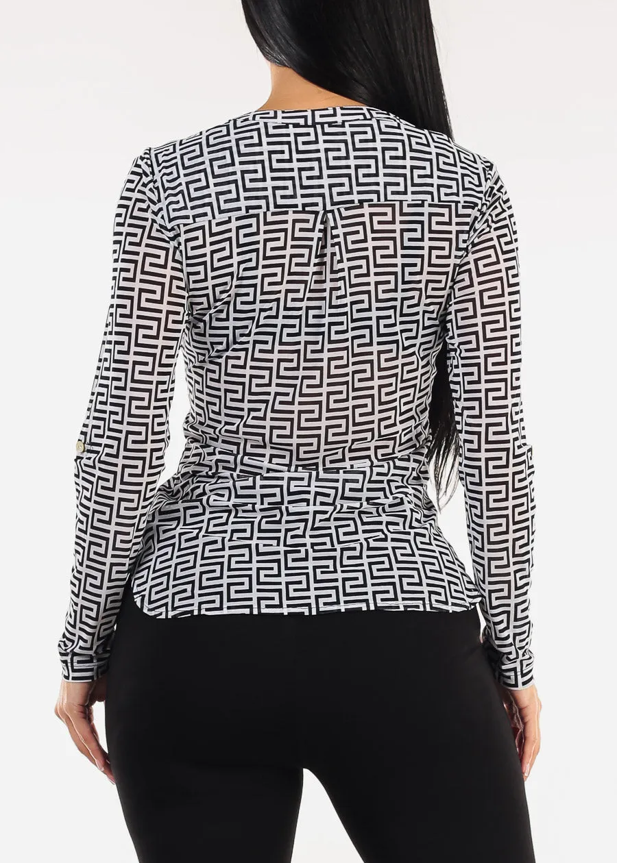 Stretchy Long Sleeve Half Button Up Mesh Blouse Navy sold by Moda product image thumbnail 4