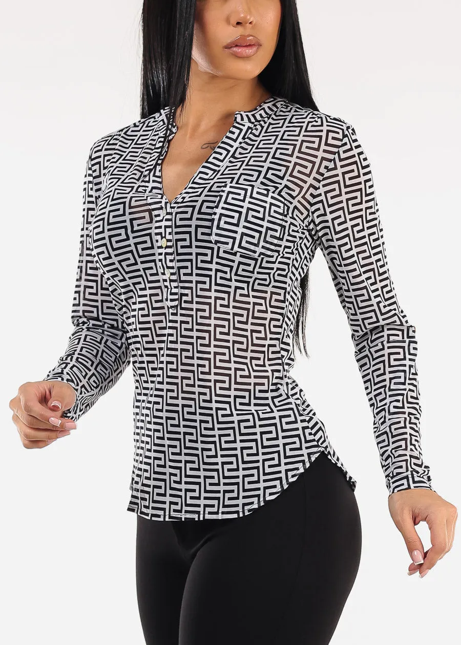 Stretchy Long Sleeve Half Button Up Mesh Blouse Navy sold by Moda