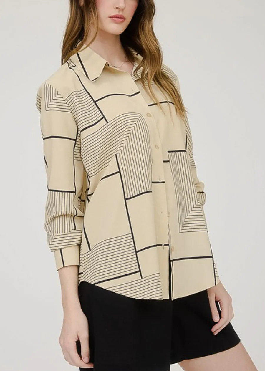 Long Sleeve Button Up Printed Collared Blouse Khaki sold by Moda product image thumbnail 5