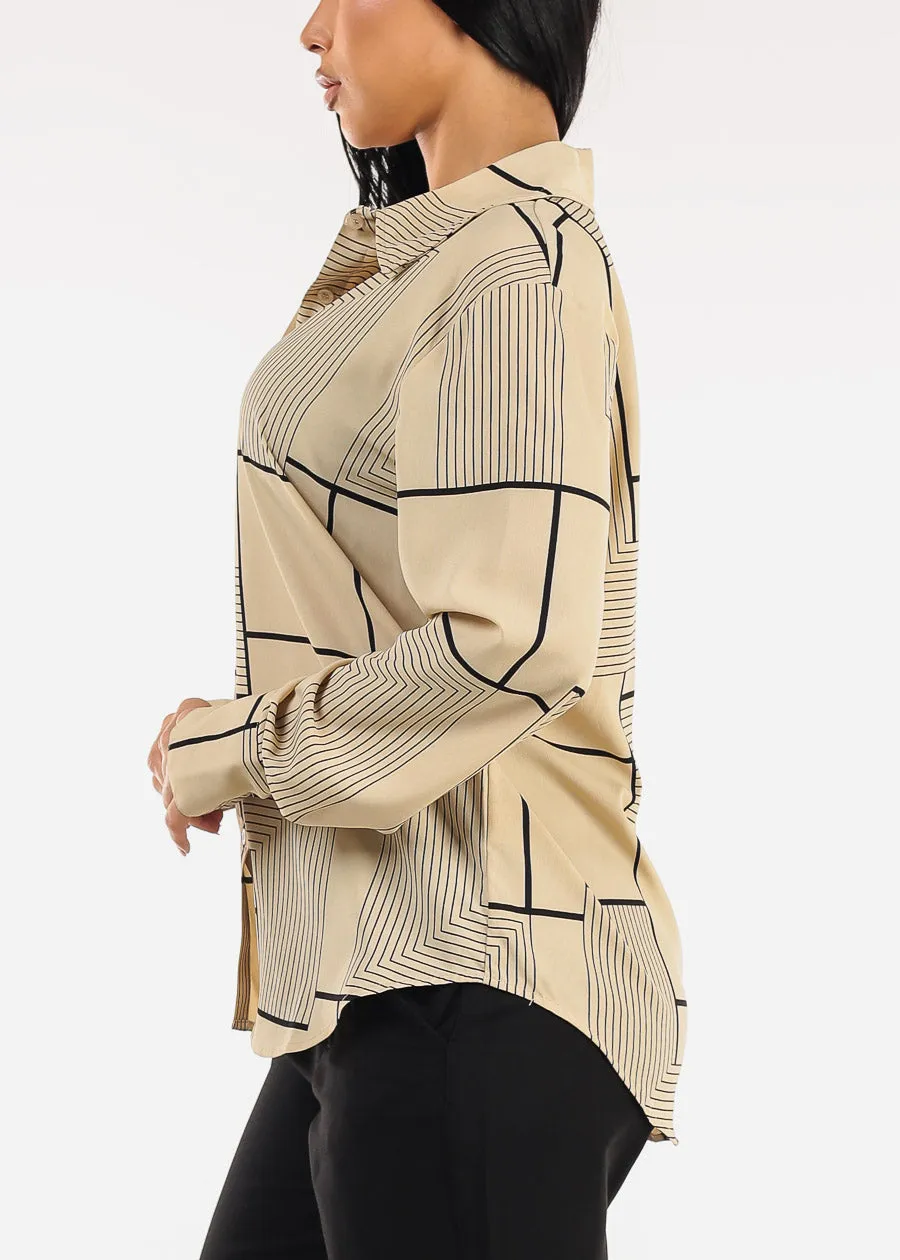 Long Sleeve Button Up Printed Collared Blouse Khaki sold by Moda product image thumbnail 3