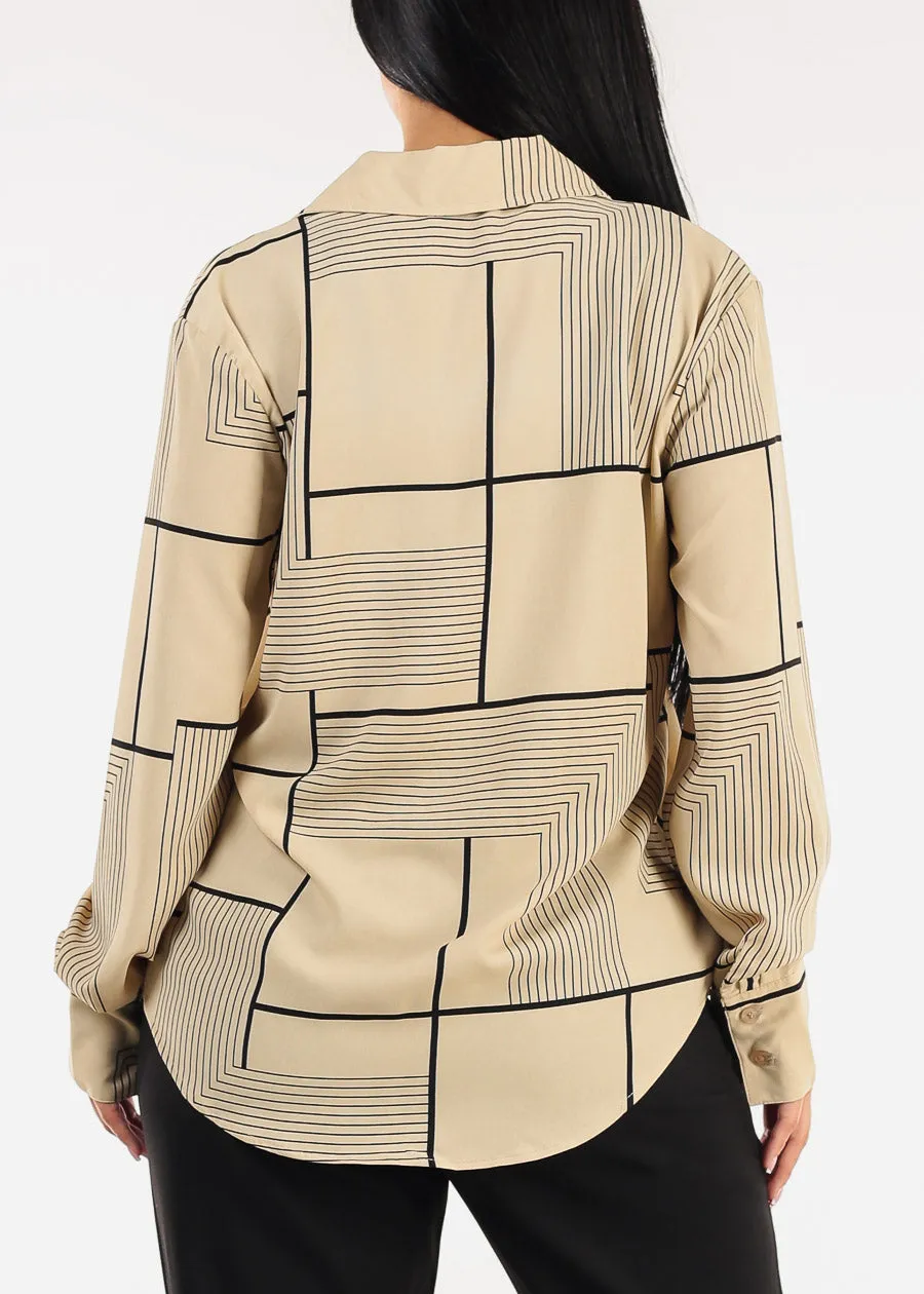 Long Sleeve Button Up Printed Collared Blouse Khaki sold by Moda product image thumbnail 4