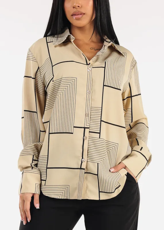 Long Sleeve Button Up Printed Collared Blouse Khaki sold by Moda