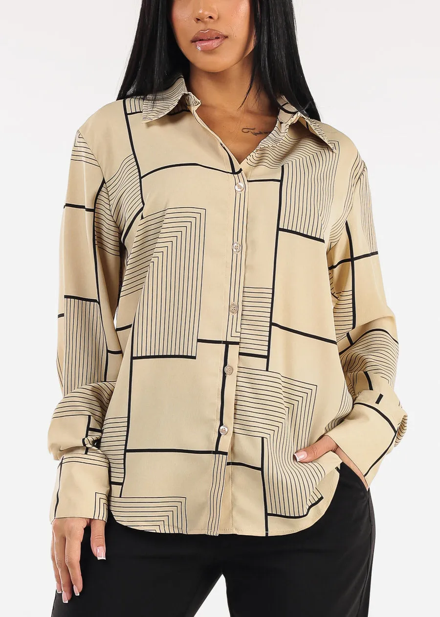 Long Sleeve Button Up Printed Collared Blouse Khaki sold by Moda