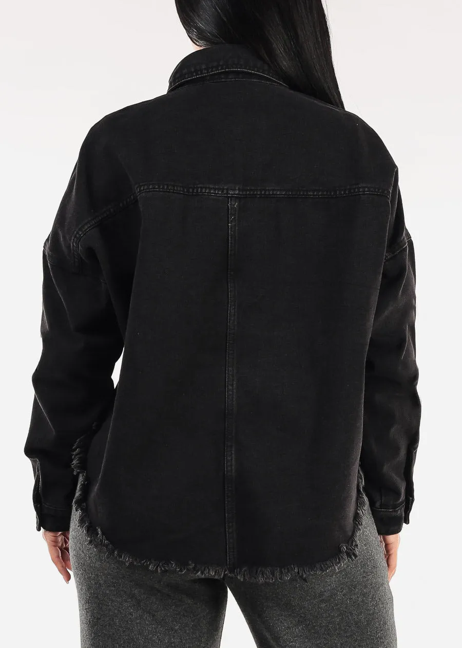Long Sleeve Button Up High Low Crop Shacket Black Acid Wash sold by Moda product image thumbnail 4