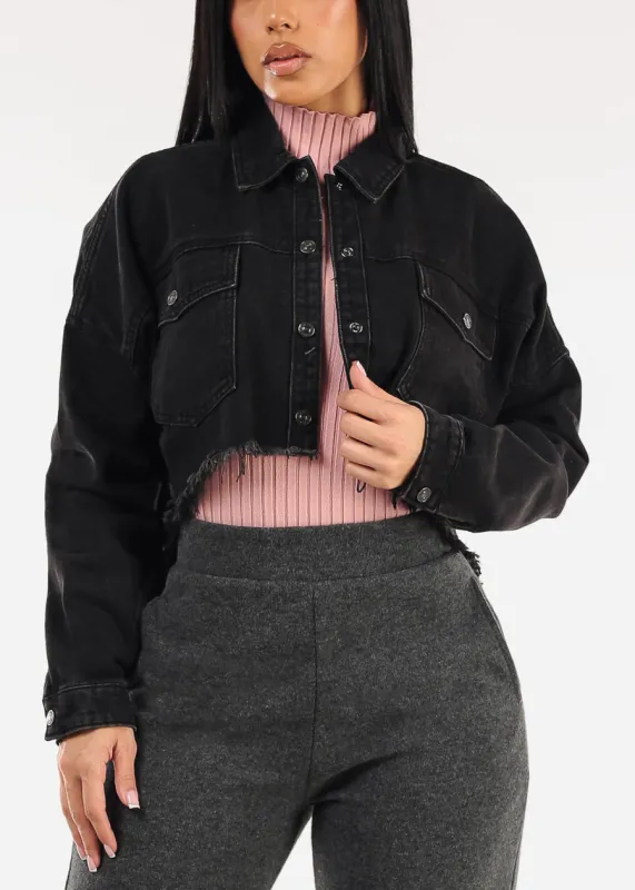 Long Sleeve Button Up High Low Crop Shacket Black Acid Wash sold by Moda