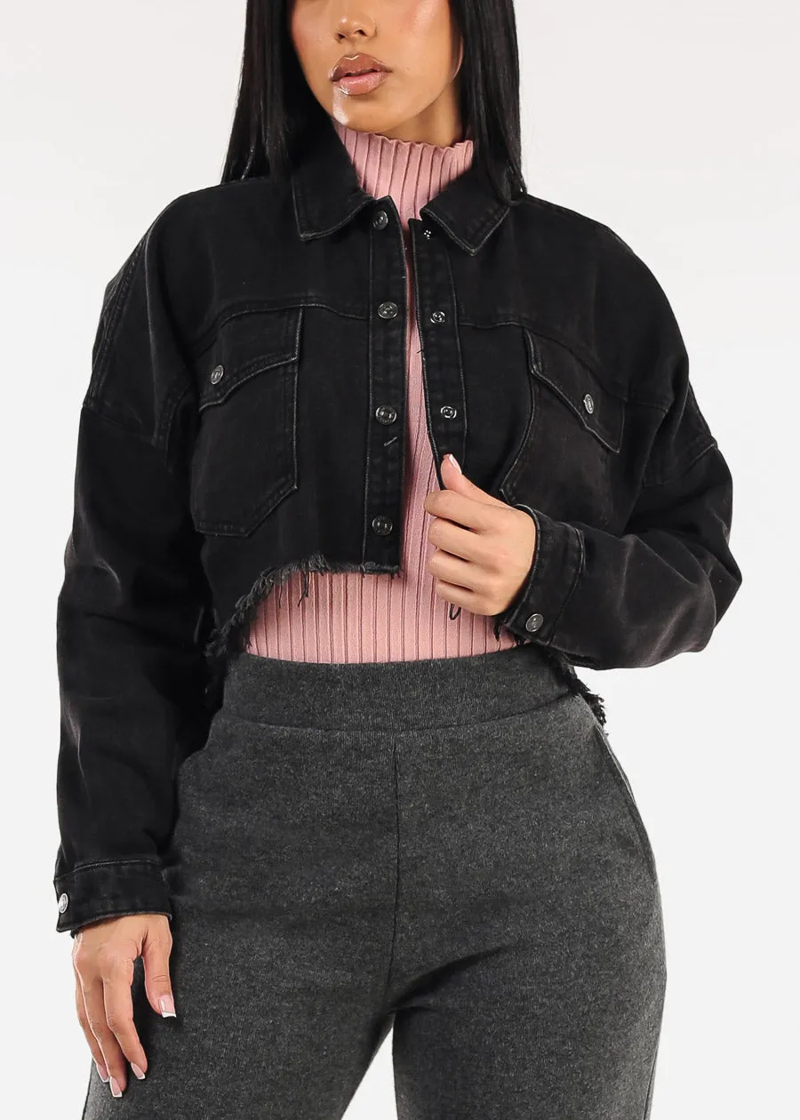 Long Sleeve Button Up High Low Crop Shacket Black Acid Wash sold by Moda